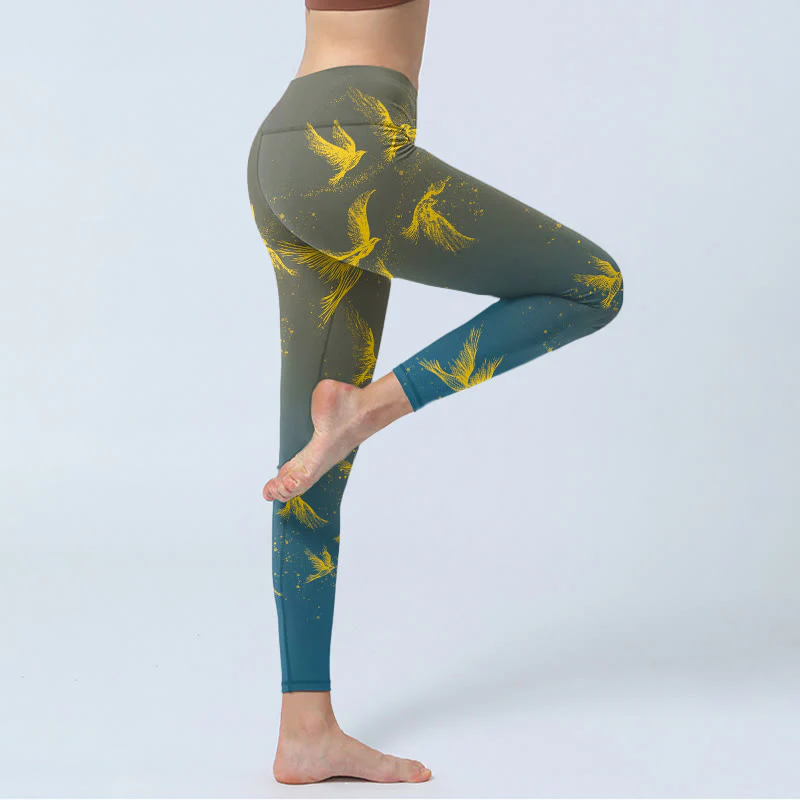 Buddha Stones Golden Flying Birds Print Gym Leggings Women's Yoga Pants