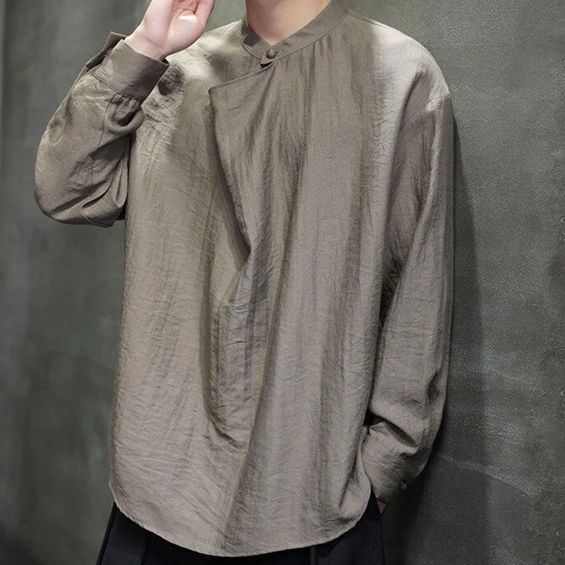 Buddha Stones Spring Solid Color Pleated Stand Collar Design Tang Suit Men's Long Sleeve Linen Shirt