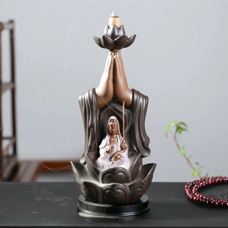 Buddha Stones Buddha Avalokitesvara Chenrezig Ksitigarbha Ceramic Lotus Blessing Backflow Incense Burner