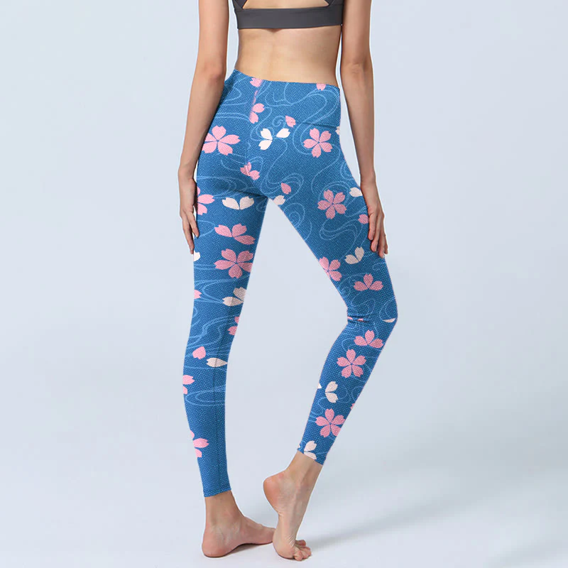 Buddha Stones Pink Cherry Blossoms Lines Print Gym Leggings Women's Yoga Pants