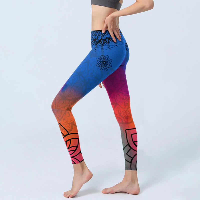 Buddha Stones Rose Red Blue Mandala Flower Print Gym Leggings Women's Yoga Pants