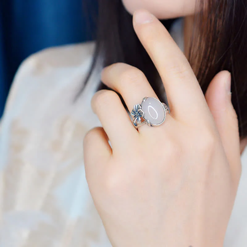 Buddha Stones 990 Sterling Silver Natural Chalcedony Plum Positive Harmony Ring