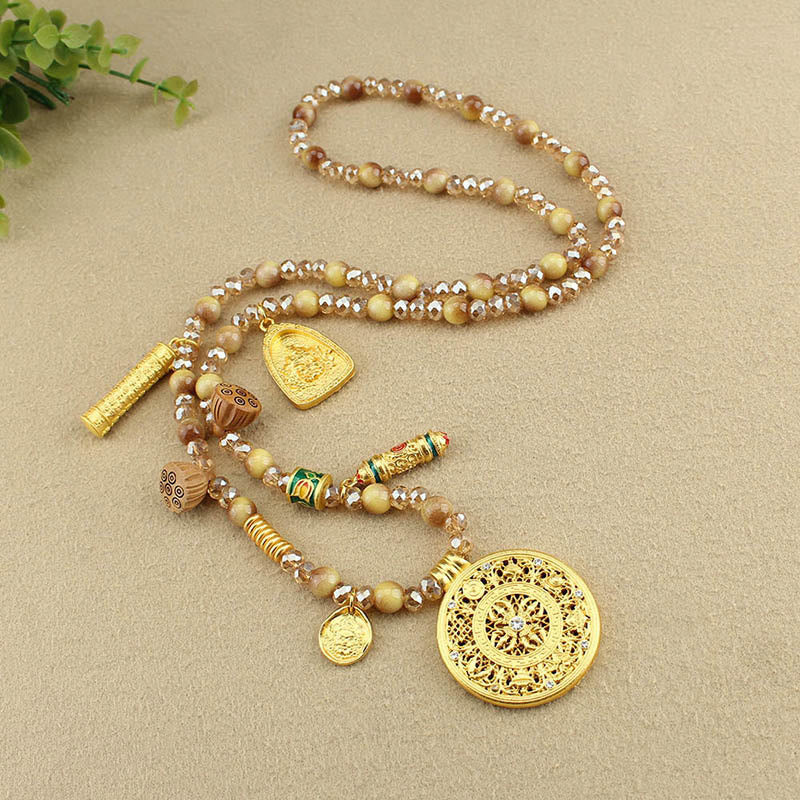 Buddha Stones Tibetan Lotus Round Plate Golden Tiger Eye Beads Necklace Pendant