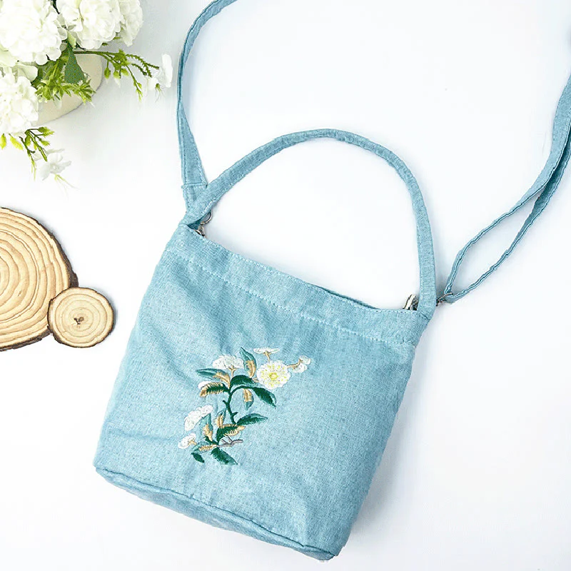 Buddha Stones Embroidery Wisteria Plum Lotus Cherry Blossom Cotton Linen Canvas Tote Crossbody Bag Shoulder Bag Handbag