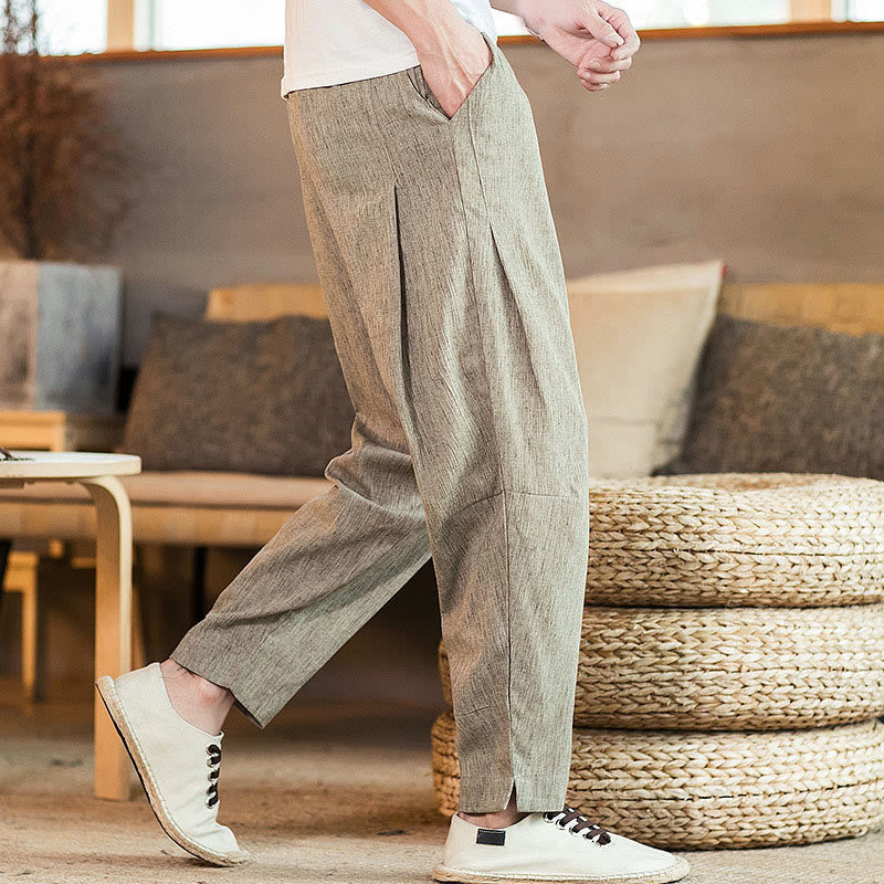 Buddha Stones Solid Color Linen Drawstring Tapered Men's Pants With Pockets