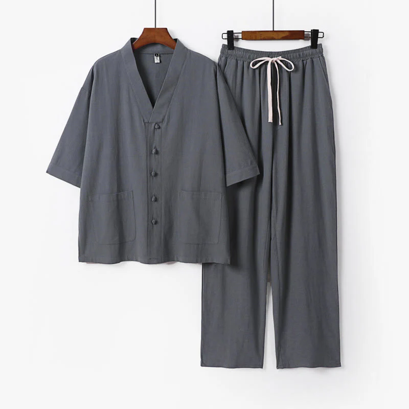 Buddha Stones 2Pcs Summer V-Neck Cotton Shirt Pants With Pockets Men's Meditation Cloth Set