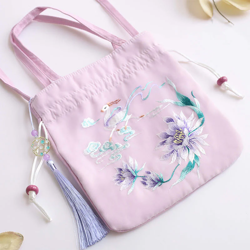 Buddha Stones Suzhou Embroidery Lotus Deer Epiphyllum Peony Rabbit Cotton Linen Tote Crossbody Bag Shoulder Bag Handbag