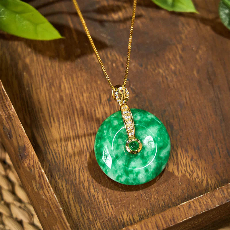 Buddha Stones Natural Cyan Jade Peace Buckle Healing Necklace Pendant