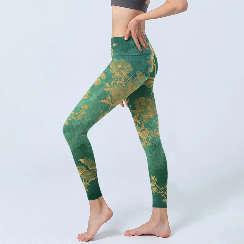 Buddha Stones Green Background Golden Branches Peony Flowers Pattern Print Gym Leggings Women's Yoga Pants
