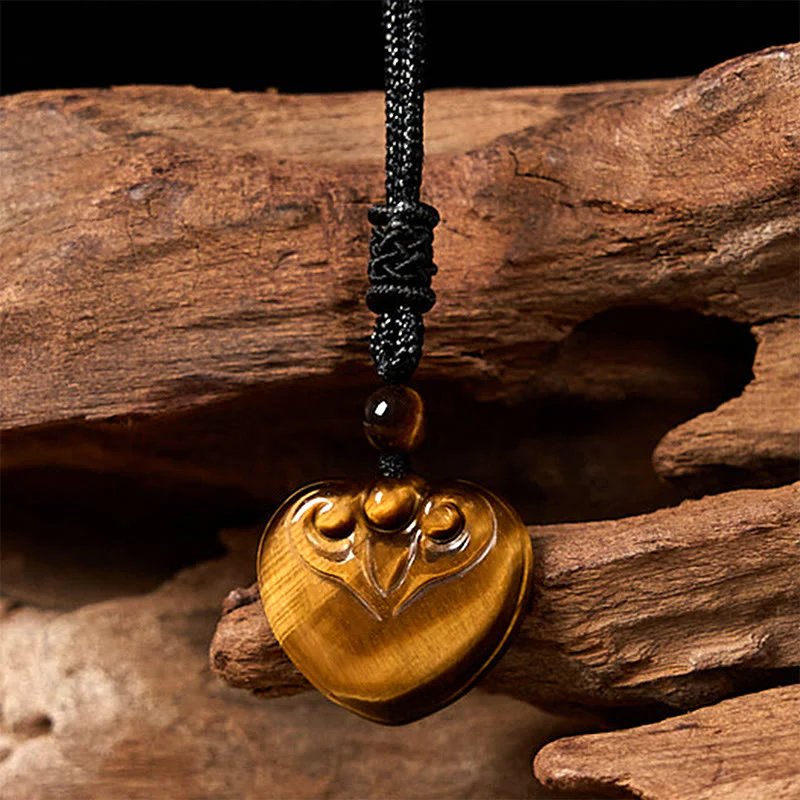 Buddha Stones Natural Tiger Eye Love Heart Pattern Protection Rope Necklace Pendant