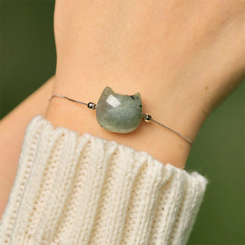 Buddha Stones 925 Sterling Silver Faceless Cat Head Natural Labradorite Healing Bracelet