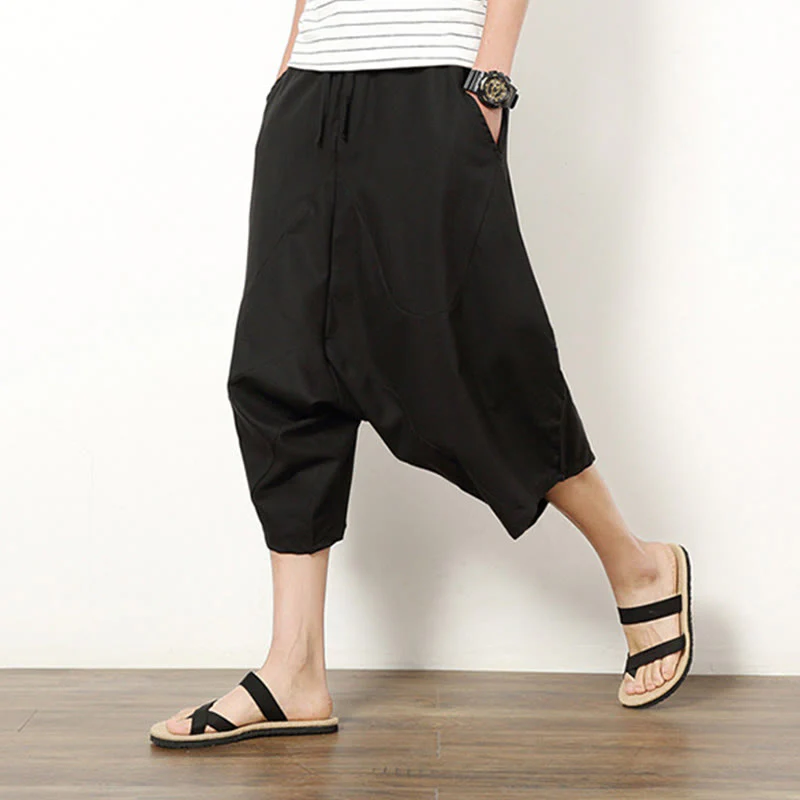 Buddha Stones Spring Plain Simple Patchwork Design Drawstring Cotton Linen Men's 7-8 Length Wide Leg Pants With Pockets