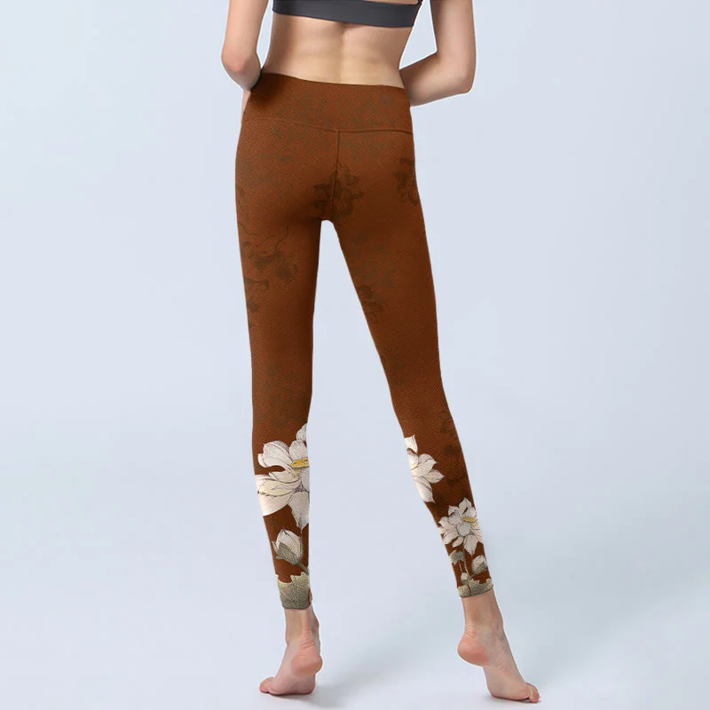 Buddha Stones Brown White Lotus Flower Print Gym Leggings Women's Yoga Pants