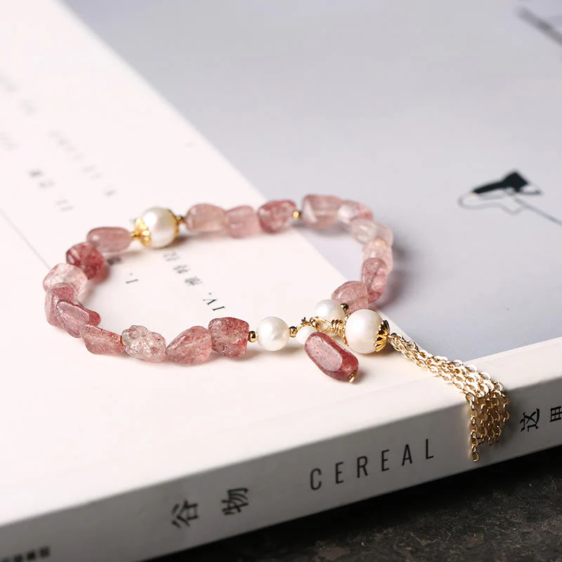 Buddha Stones Natural Strawberry Quartz Pearl 14k Gold Plated Love Healing Bracelet