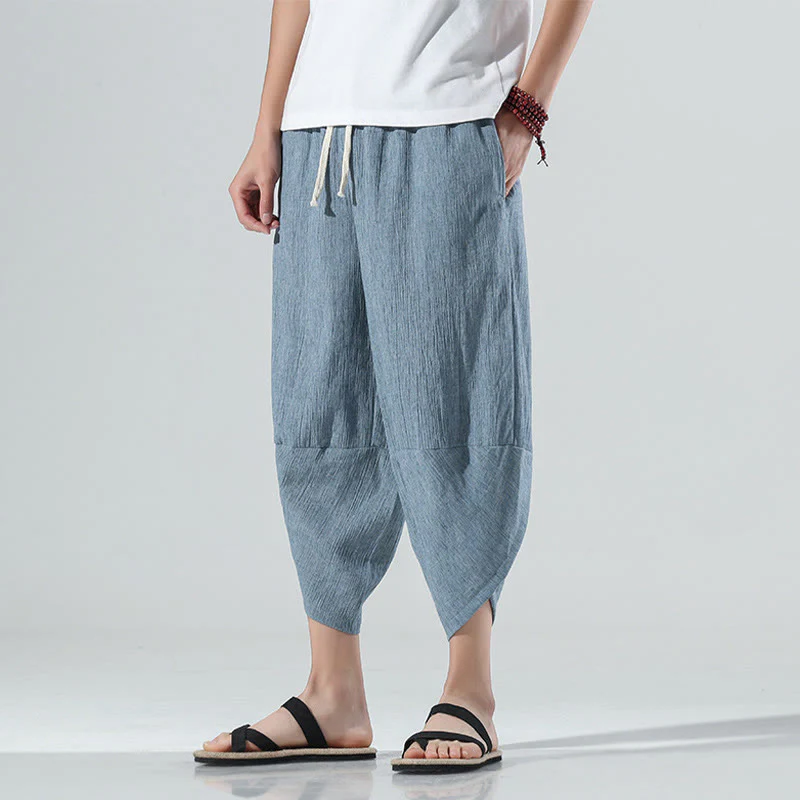 Buddha Stones Plain Simple Design Drawstring 7-8 Length Linen Men's Harem Pants With Pockets