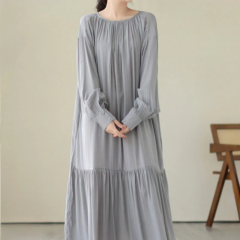 Buddha Stones Casual Plain Two-sided Style Dress Chiffon Midi Dress With Pockets