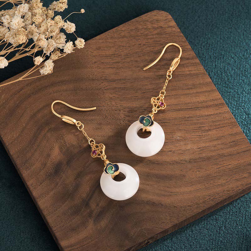 Buddha Stones FengShui White Jade Blessing Drop Earrings