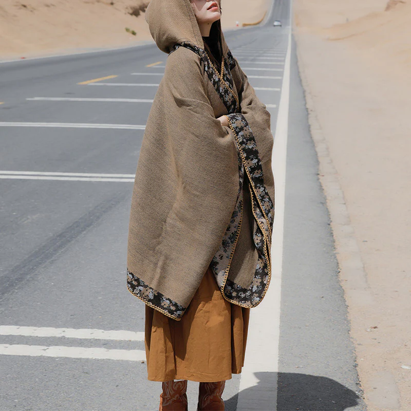 Buddha Stones Tibetan Shawl Border Small Floral Flower Hooded Cloak Winter Cozy Travel Scarf Wrap