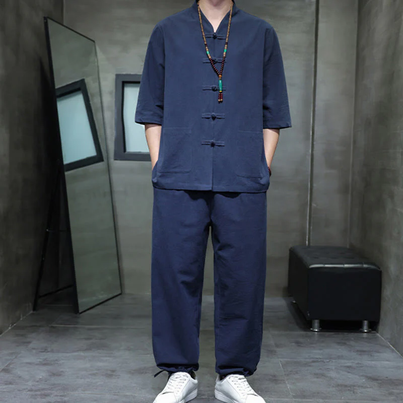 Buddha Stones 2Pcs Tang Suit Frog-Button Design Shirt Pants With Pockets Men's Cotton Linen Meditation Cloth Set