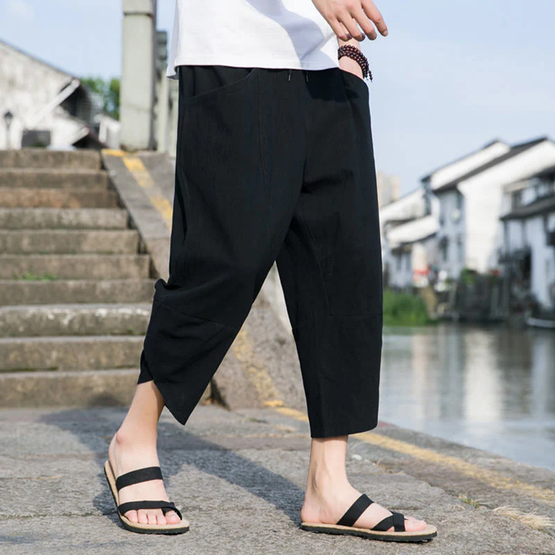 Buddha Stones Summer Casual Simple Plain Tapered Design Drawstring Men's  7-8 Length Cotton Linen Pants With Pockets