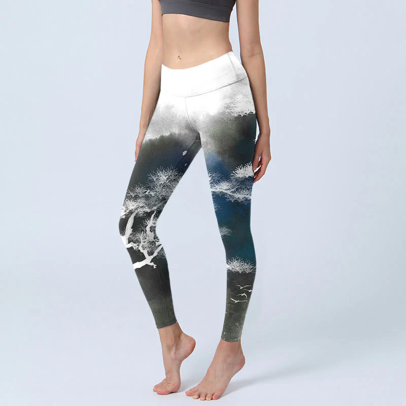 Buddha Stones Ink Painting Pine Tree Print Gym Leggings Women's Yoga Pants