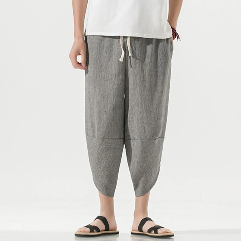 Buddha Stones Plain Simple Design Drawstring 7-8 Length Linen Men's Harem Pants With Pockets