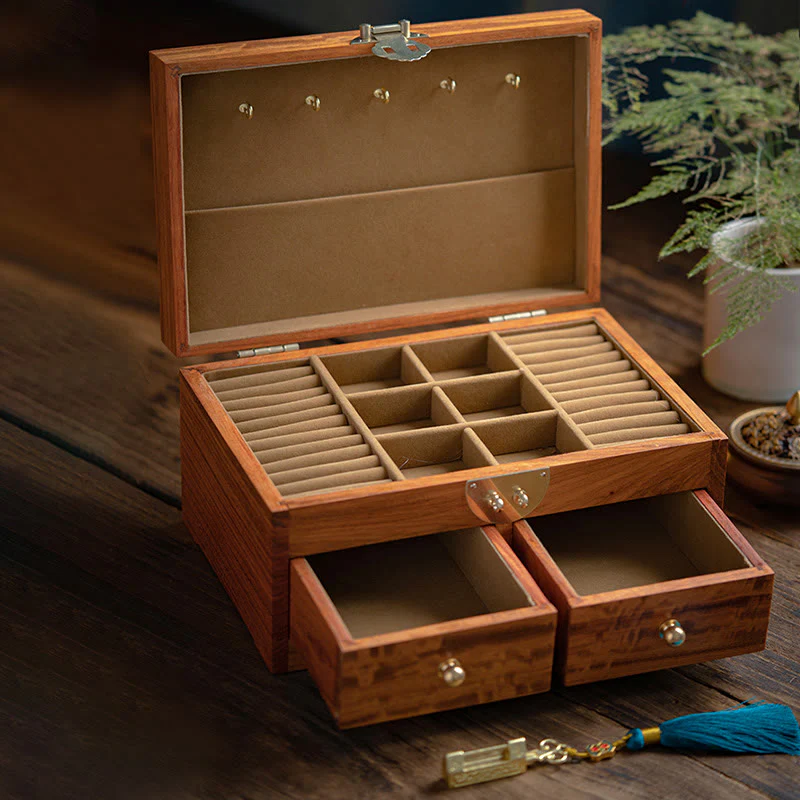 Buddha Stones Antique Handmade Rosewood Jewelry Storage Box Lockable Large Double Layer Flower Wooden Gift Organizer Box