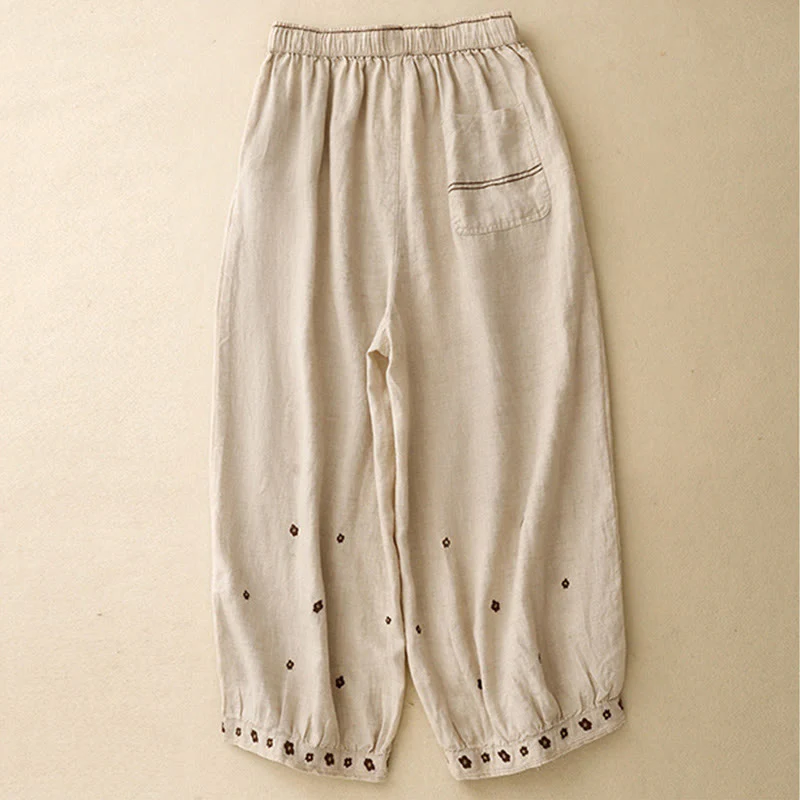 Buddha Stones Casual Embroidered Petals Women's Cotton Linen 7-8 Length Harem Pants With Pockets