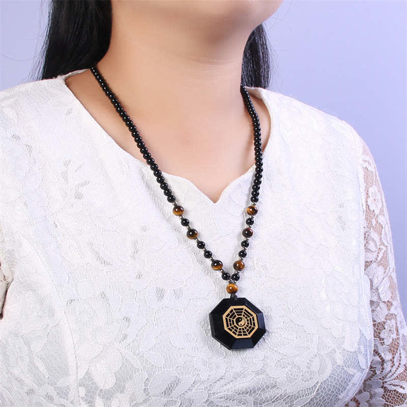Buddha Stones Bagua Yin Yang Black Obsidian Purification Beaded Necklace Pendant