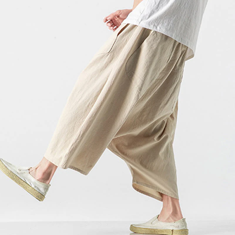 Buddha Stones Casual Low Crotch Design Drawstring Men's 7-8 Length Cotton Linen Wide Leg Pants With Pockets