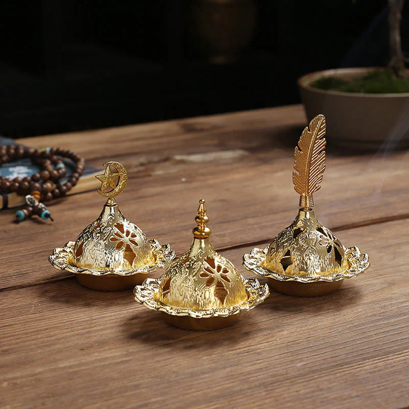 Buddha Stones Gold Gourd Star Feather Spiritual Meditation Mini Alloy Metal Incense Burner