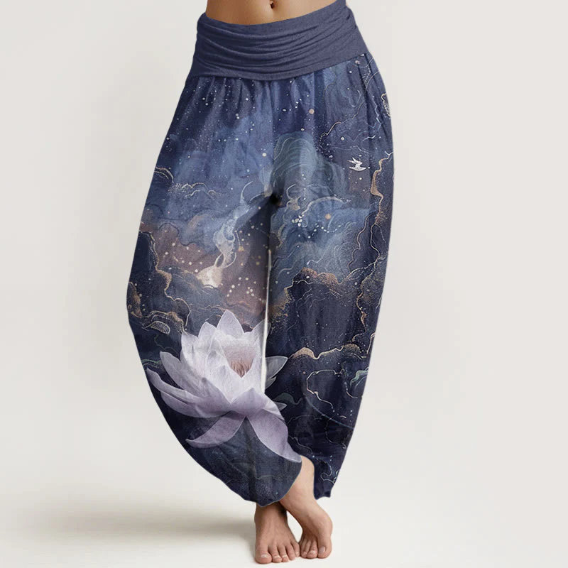 Buddha Stones Pure Cotton Casual Lotus Starry Sky Clouds Pattern Women's Elastic Waist Harem Pants