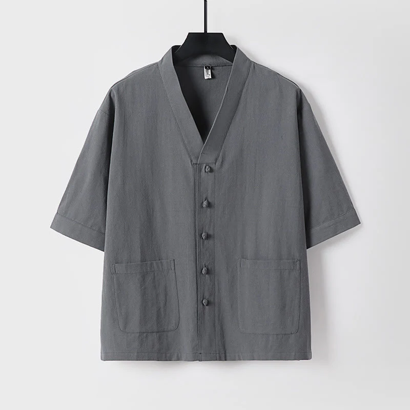Buddha Stones 2Pcs Summer V-Neck Cotton Shirt Pants With Pockets Men's Meditation Cloth Set