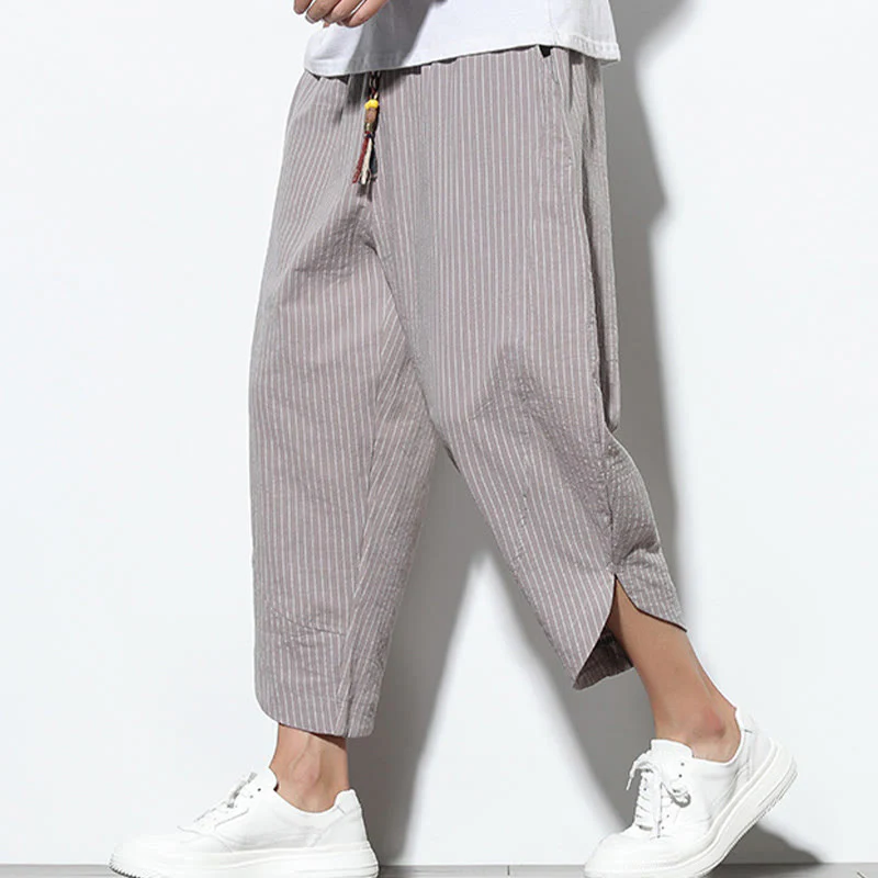 Buddha Stones Summer Stripes Pattern Drawstring Cotton Linen Men's 7-8 Length Harem Pants With Pockets