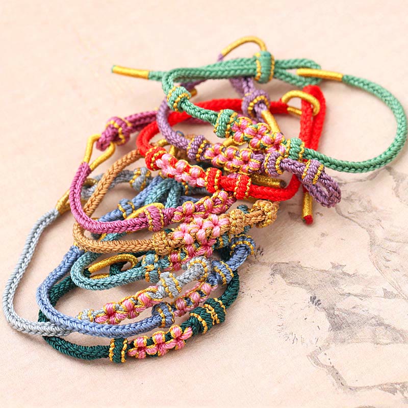 Buddha Stones Handmade Three Peach Blossoms Luck Eight Strands Braided String Bracelet