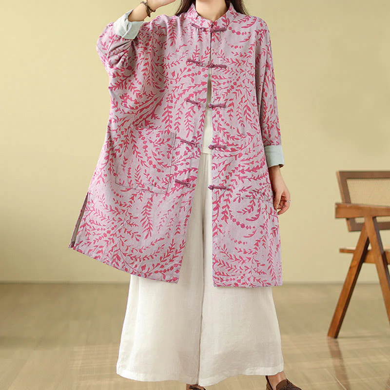 Buddha Stones Frog-button Vine Leaves Women's Cotton Linen Coat With Pockets