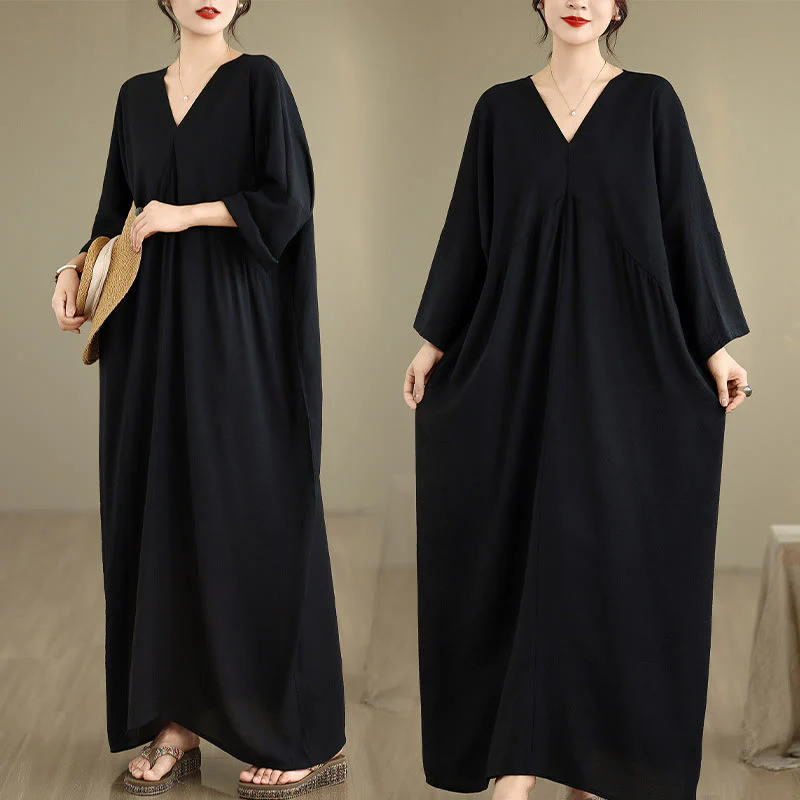 Buddha Stones Fall Casual V-Neck Long Sleeve Cotton Midi Dress