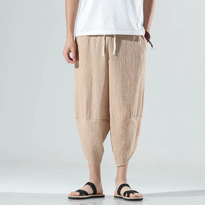 Buddha Stones Plain Simple Design Drawstring 7-8 Length Linen Men's Harem Pants With Pockets