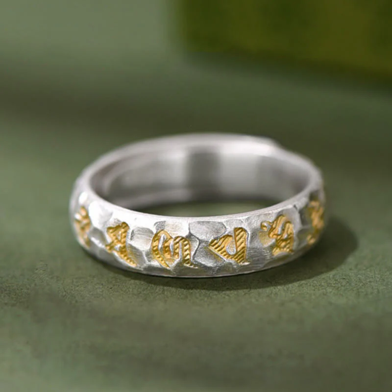 Buddha Stones Hammer Pattern Om Mani Padme Hum Copper Plated Silver Wealth Ring