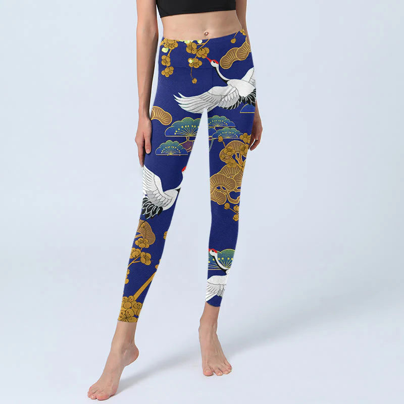Buddha Stones Flying Red-Crowned Crane Pine Tree Flower Pattern Print Gym Leggings Women's Yoga Pants