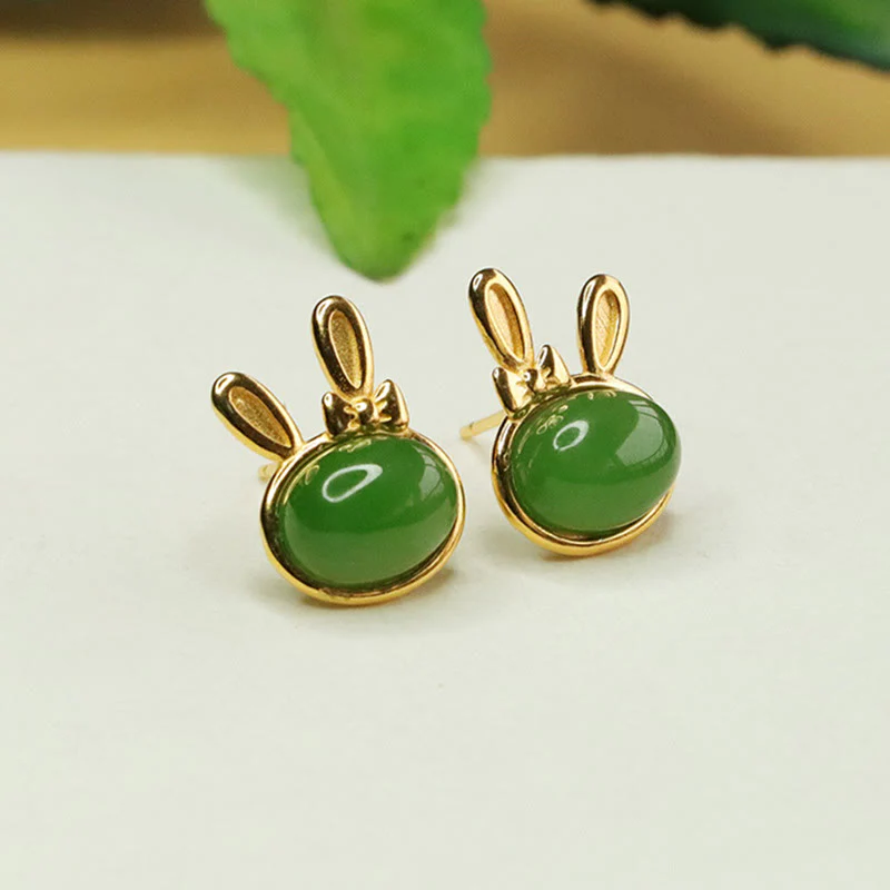 Buddha Stones 925 Sterling Silver Hetian Cyan Jade Cute Rabbit Luck Stud Earrings