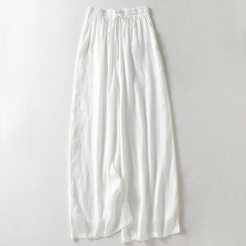 Buddha Stones Casual Drawstring Cotton Linen Ankle-Length Women's Wide Leg Pants With Pockets