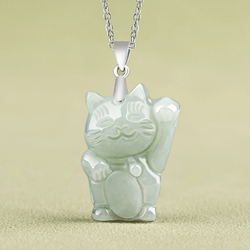 Buddha Stones 925 Sterling Silver Jade Fortune Cat Prosperity Necklace Pendant