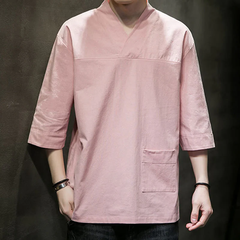 Buddha Stones Summer Casual Simple V-Neck Design Men's Cotton Linen Three Quarter Sleeve T-Shirt With Front Pocket