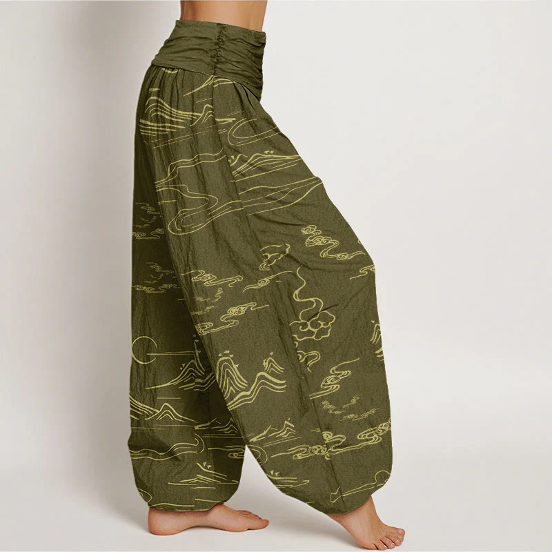 Buddha Stones Mountain Moon Auspicious Clouds Pattern Women's Elastic Waist Harem Pants