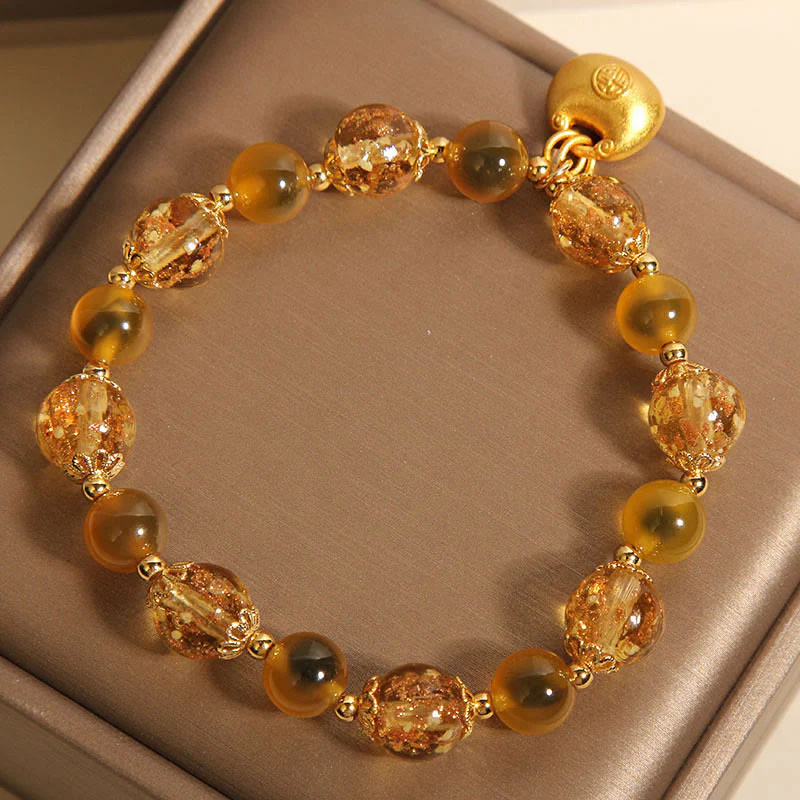 Buddha Stones Yellow Candy Agate Fu Character Blessing Bag Healing Bracelet