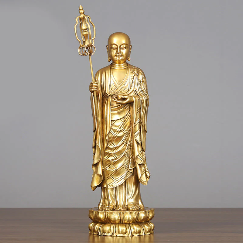 Buddha Stones Ksitigarbha Bodhisattva Figurine Compassion Copper Statue Home Offering Decoration