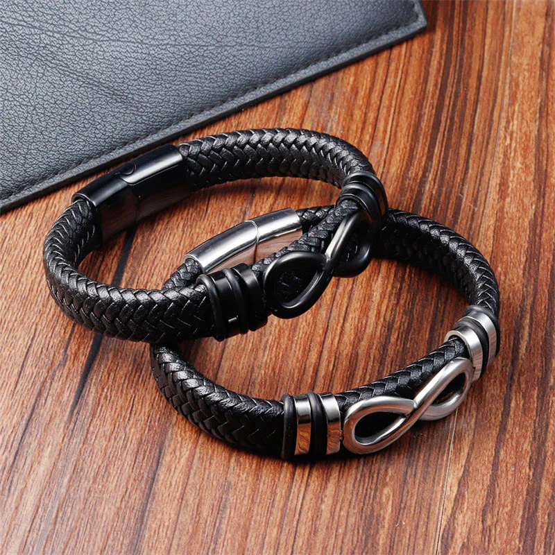 Buddha Stones Endless Knot Design Titanium Steel Strengthen Braided Leather Buckle Bracelet