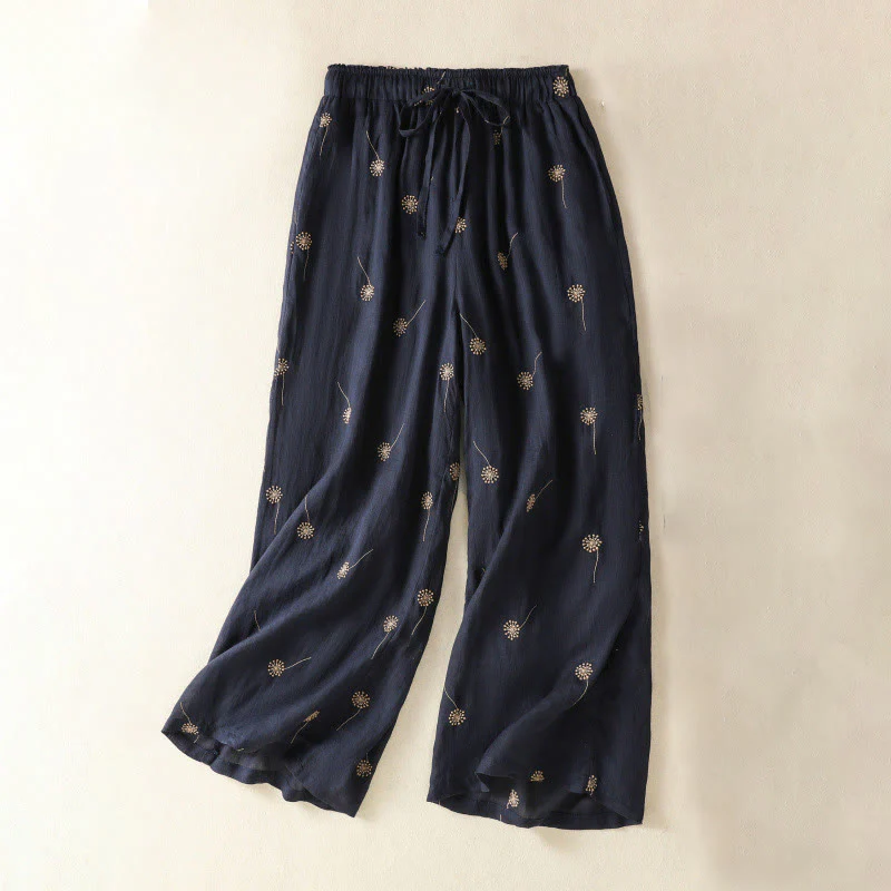 Buddha Stones MidnightBlue Commute Casual Dandelion Pattern Women's Wide Leg Cotton Linen Pants