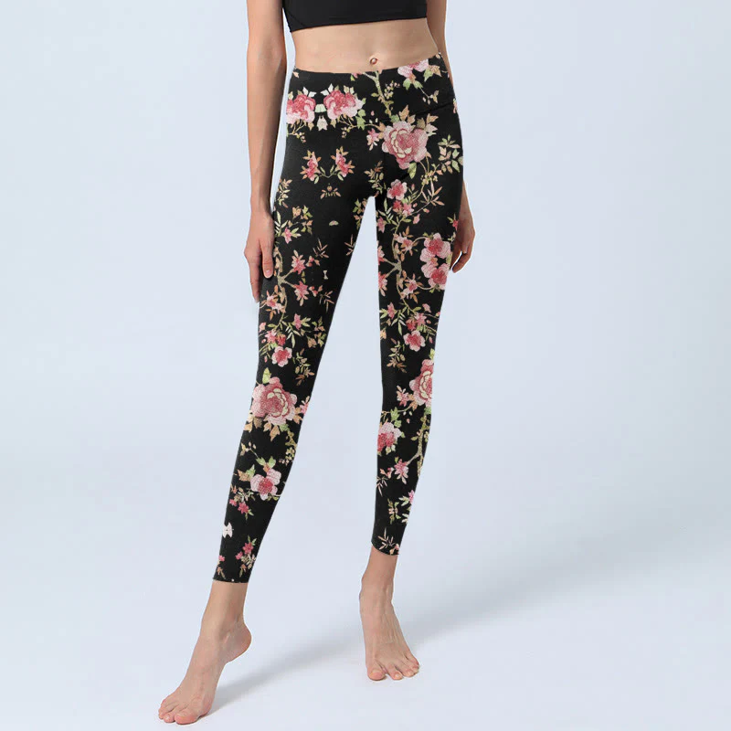 Buddha Stones Rose Flower Leaf Print Gym Leggings Women's Yoga Pants